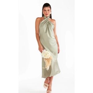 Show Me Your MuMu Jasmine Halter Midi Dress Moss Green Luxe Satin Sz XS